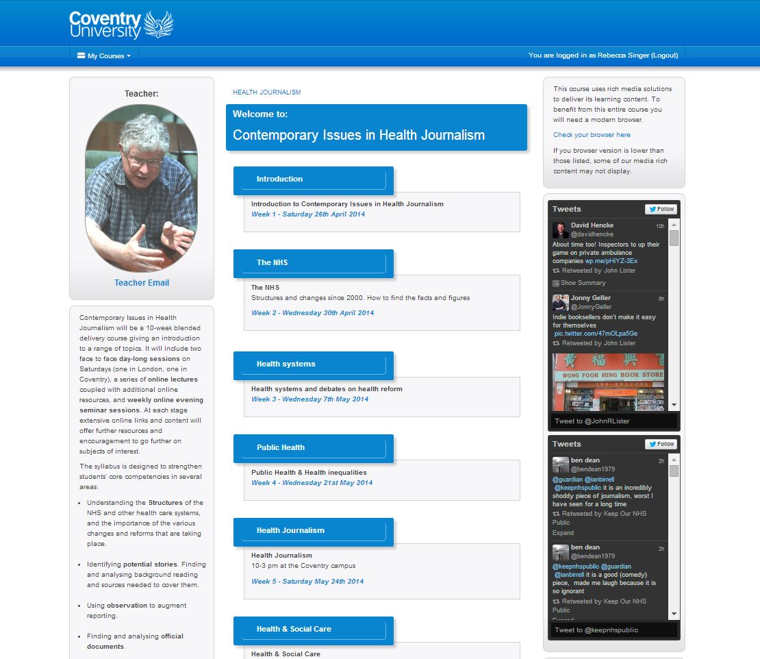 CU Services Health Journalism couse home screen